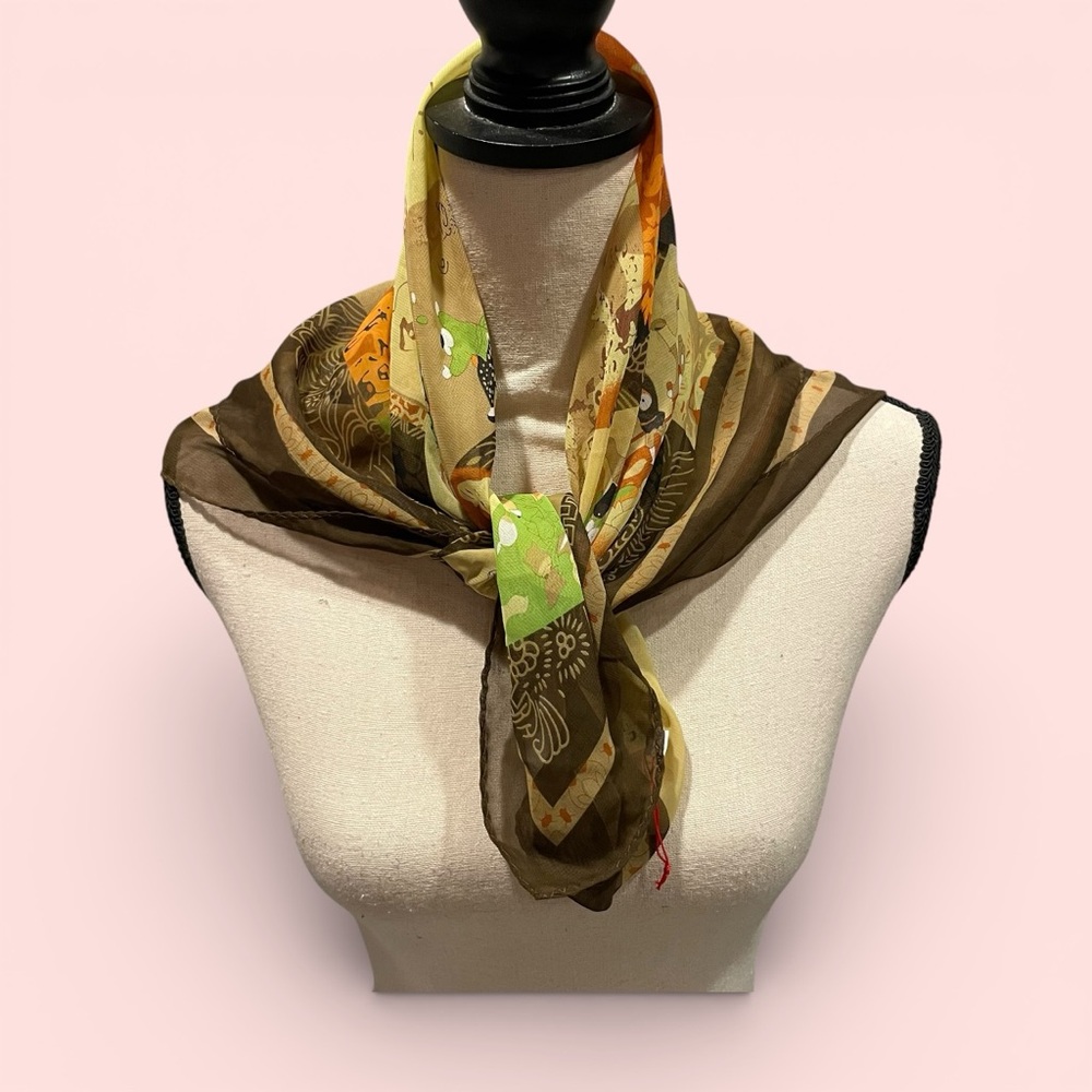 Beautiful vintage sheer silky Asian life theme earth tones scarf 27” x 27”